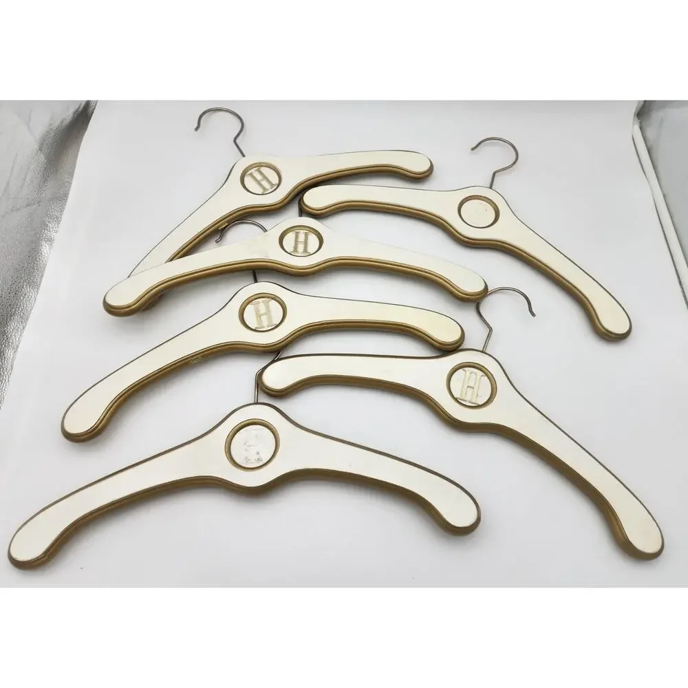 Vtg Lot of 6 Wood Coat Hangers White Gold Hollywood Regency Hotels 1950's